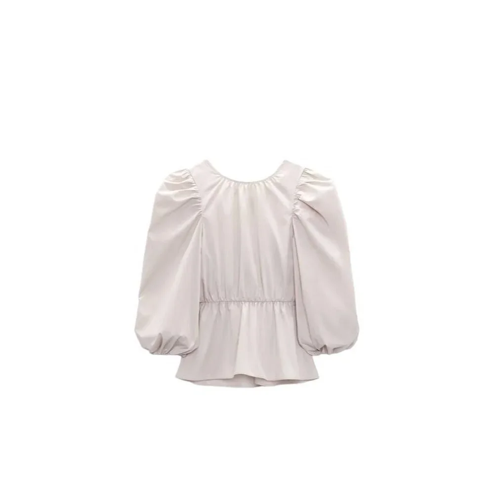 ZARA TOP WITH PUFF SLEEVES GREY / BEIGE SIZE S | 3136/545